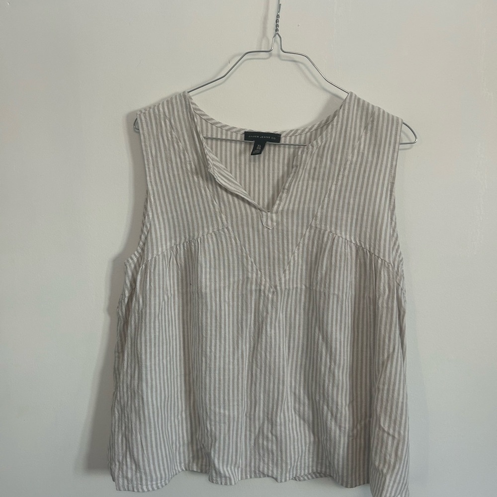 Linen Blend Silver Jeans Grey and White Striped Sleeveless Blouse Coastal